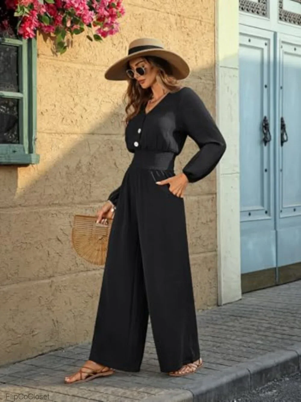 Women's Long Sleeve Wide Leg Jumpsuit Dressy Casual